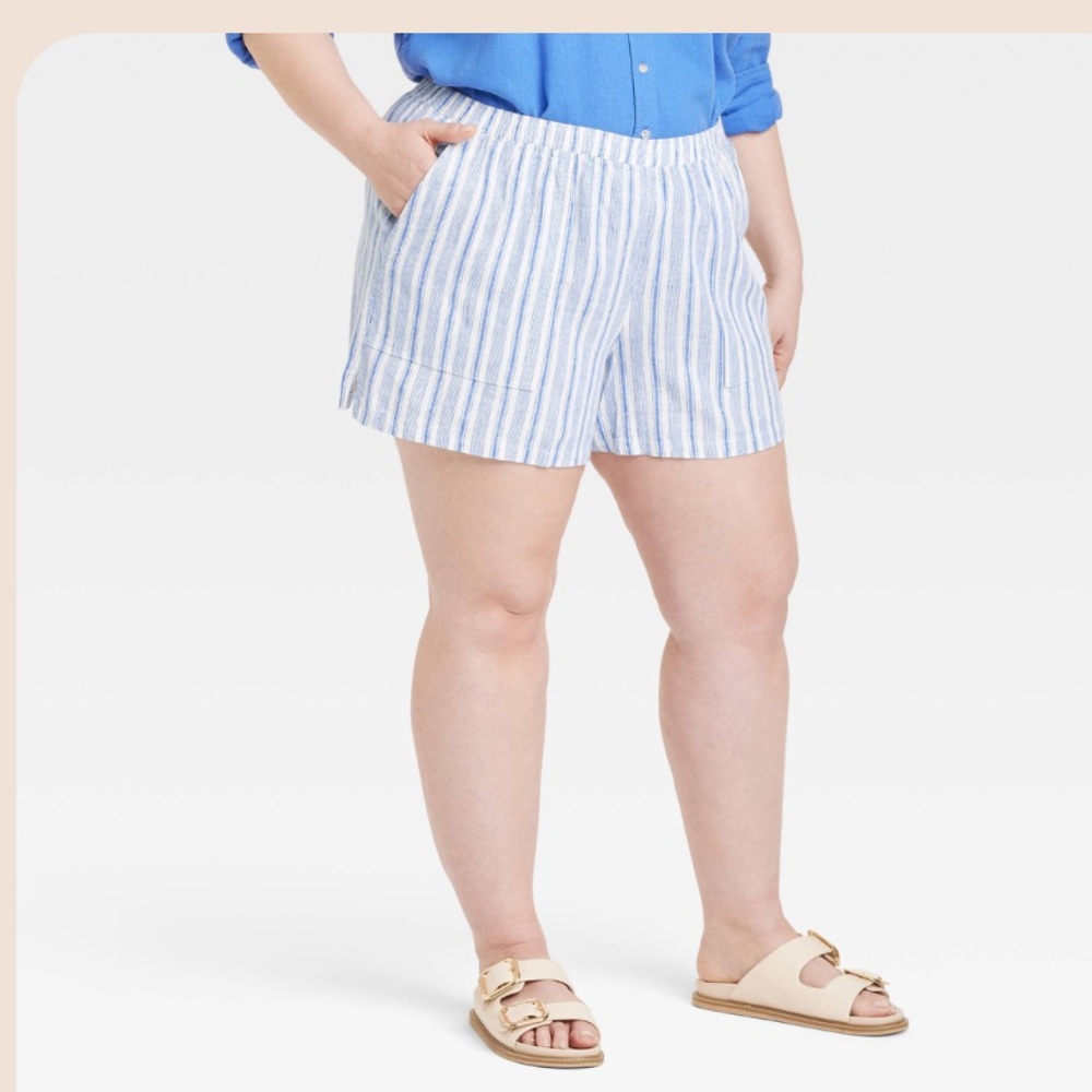 Universal Thread Blue & White Striped Elastic-Waist linen Shorts